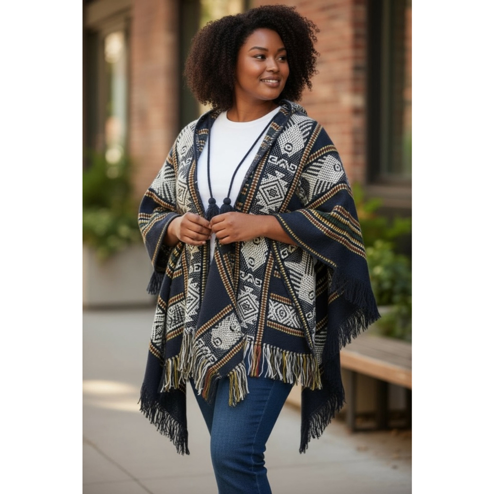 Tejidos Diaz Poncho Navy Cream Multi Aztec Patterned Wool Blend Fringe ONE SIZE